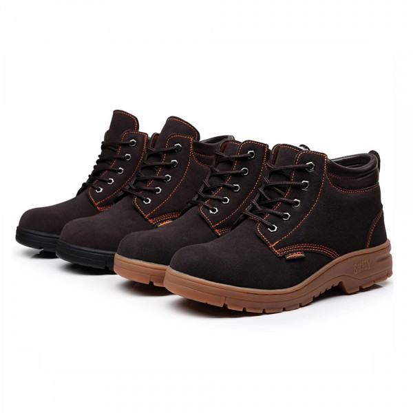 Brown Suede Upper Lace Up Puncture Proof Anti-Smashing Steel Toe Work Boots Safety Shoes