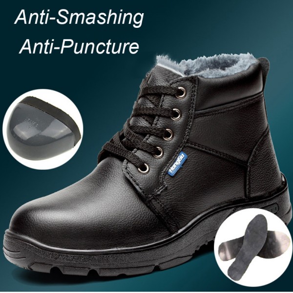 Fleece Warm Lining Waterproof Leather Anti-Smashing Steel Toe Work Boots Safety Shoes