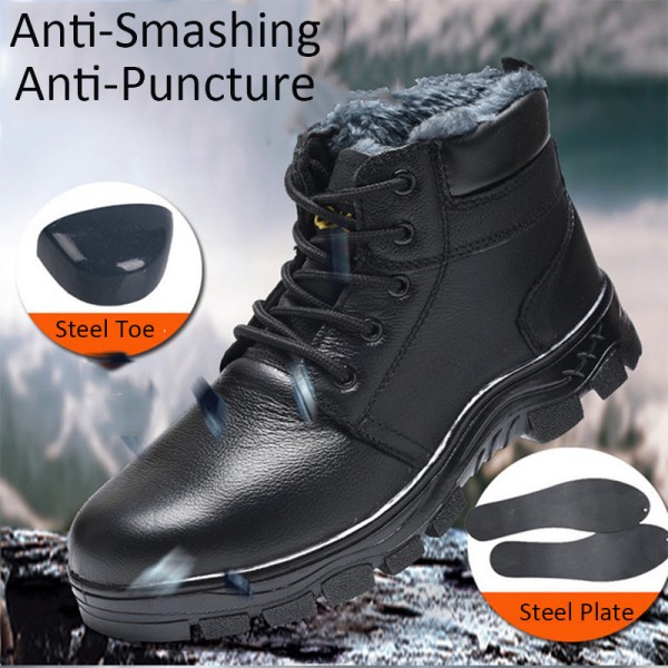 Slip Resistant Fleece Warm Lining Puncture Proof Anti-Smashing Steel Toe Work Boots Safety Shoes