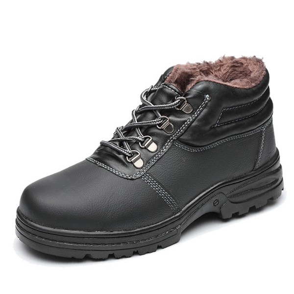 Black Leather Upper Warm Fleece Lining Anti-Smashing Steel Toe Work Boots Safety Shoes