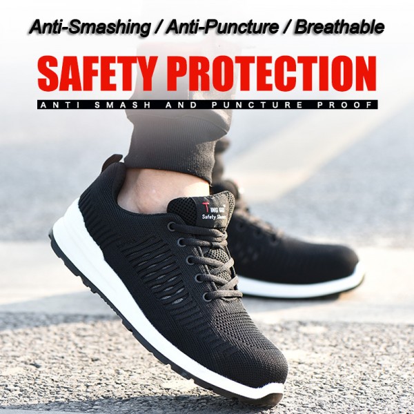 Steel Toe Anti-Smashing Flyknit Upper PU Sole Work Safety Shoes Black/Grey