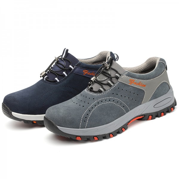 Suede Upper Breathable Mesh Lining Puncture Proof Anti-Smashing Steel Toe Work Safety Shoes Blue/Grey