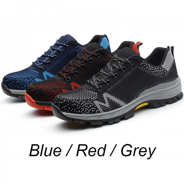 Flyknit Letter Print Upper Deodorant Anti-Smashing Steel Toe Work Safety Shoes Blue/Red/Grey