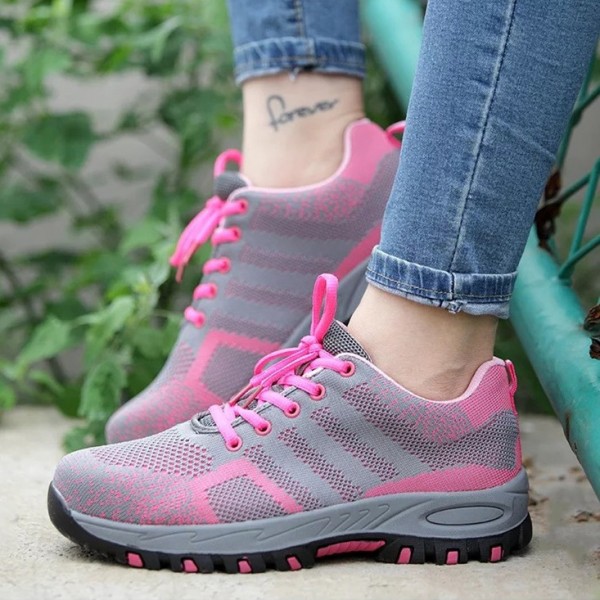Women's Pink Mesh Upper Lace Up Puncture Proof Anti-Smashing Steel Toe Work Safety Shoes